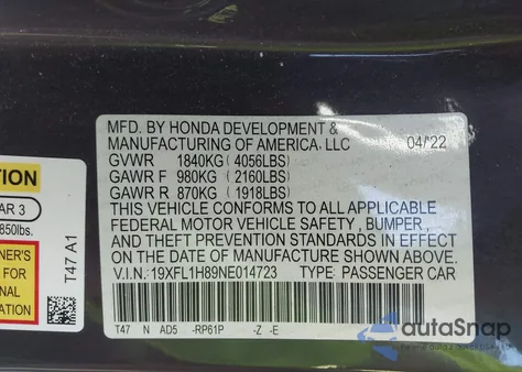 2022 Honda Civic Sport Touring z USA, uszkodzony, nr VIN 19XFL1H89NE014723